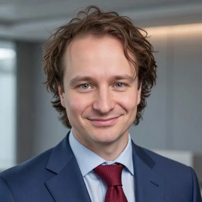 A man with curly brown hair and blue eyes wearing a navy blue suit, light blue shirt, and red tie, smiling in an indoor setting.