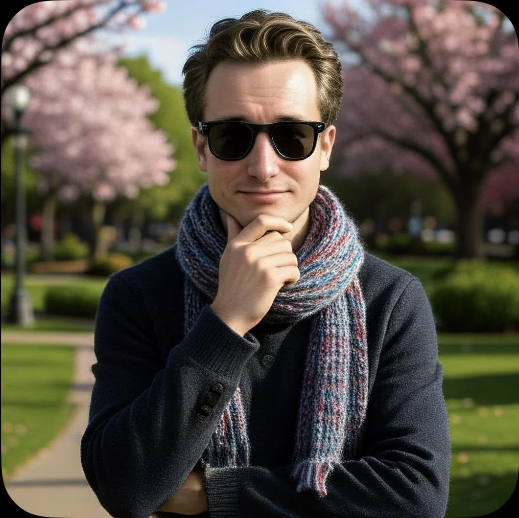 A man wearing sunglasses and a multicolored scarf stands outdoors in a park with pink flowering trees in the background.