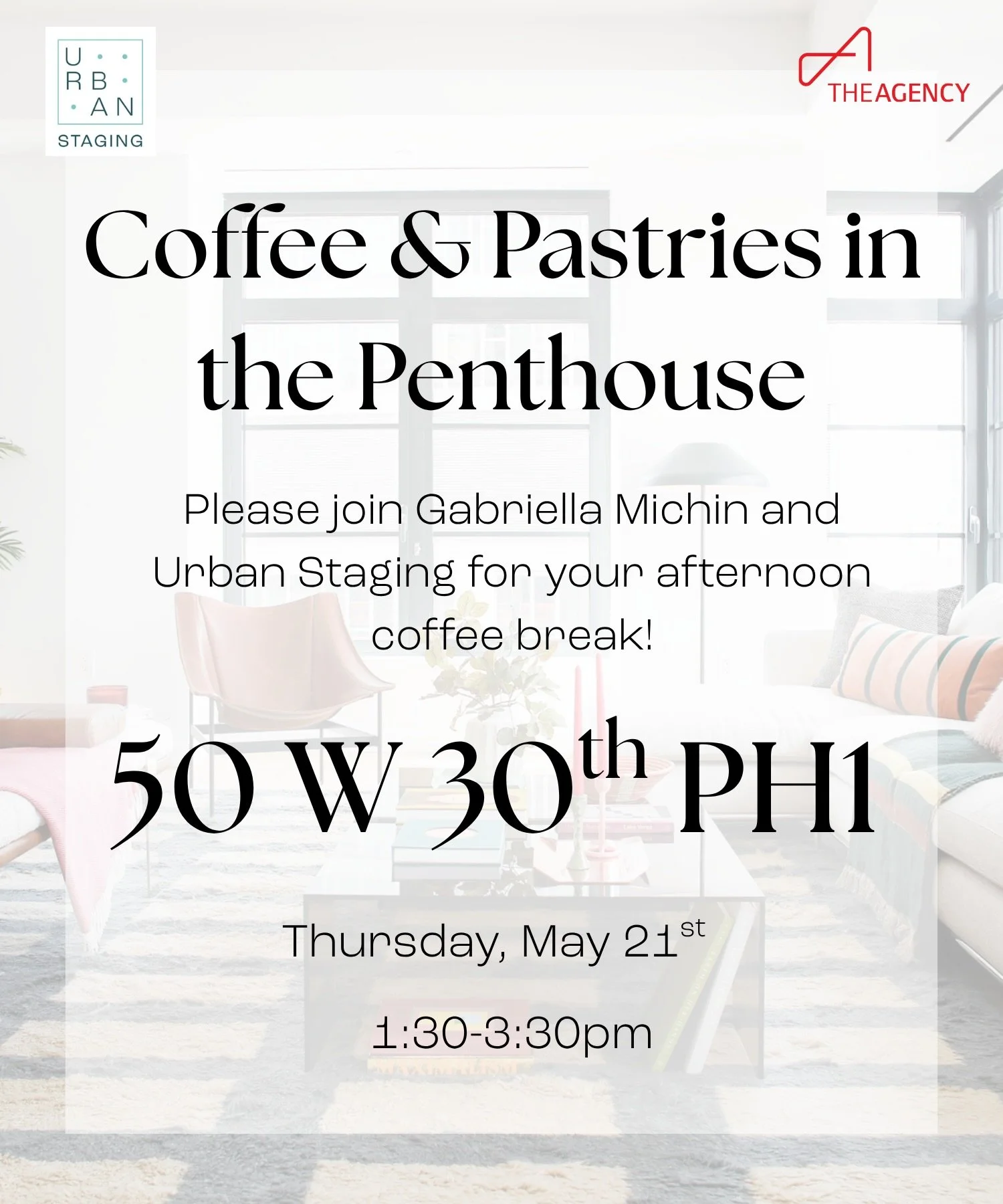 Coffee &amp; pastries on us - this Thursday! Stop by our Broker&rsquo;s Open at 50 W 30th St PH1 from 1:30-3:30 ☕️🥐 

SWIPE for a sneak peek at the goods 🛋️🧶📚🎨

#brokersopen #stagingdetails #homestagingworks #homestagingnyc #apartmentstagingnyc