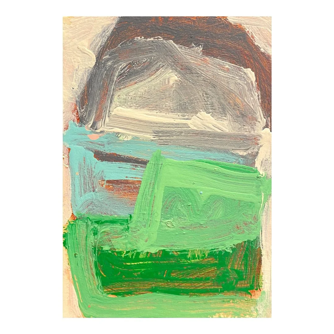  Rectangular-shaped vertically-oriented abstract painting on paper with a textured painterly mountain-shaped area of white across the top portion set against a backdrop of charcoal gray, with various stacked triangular shapes of light blue, light gre