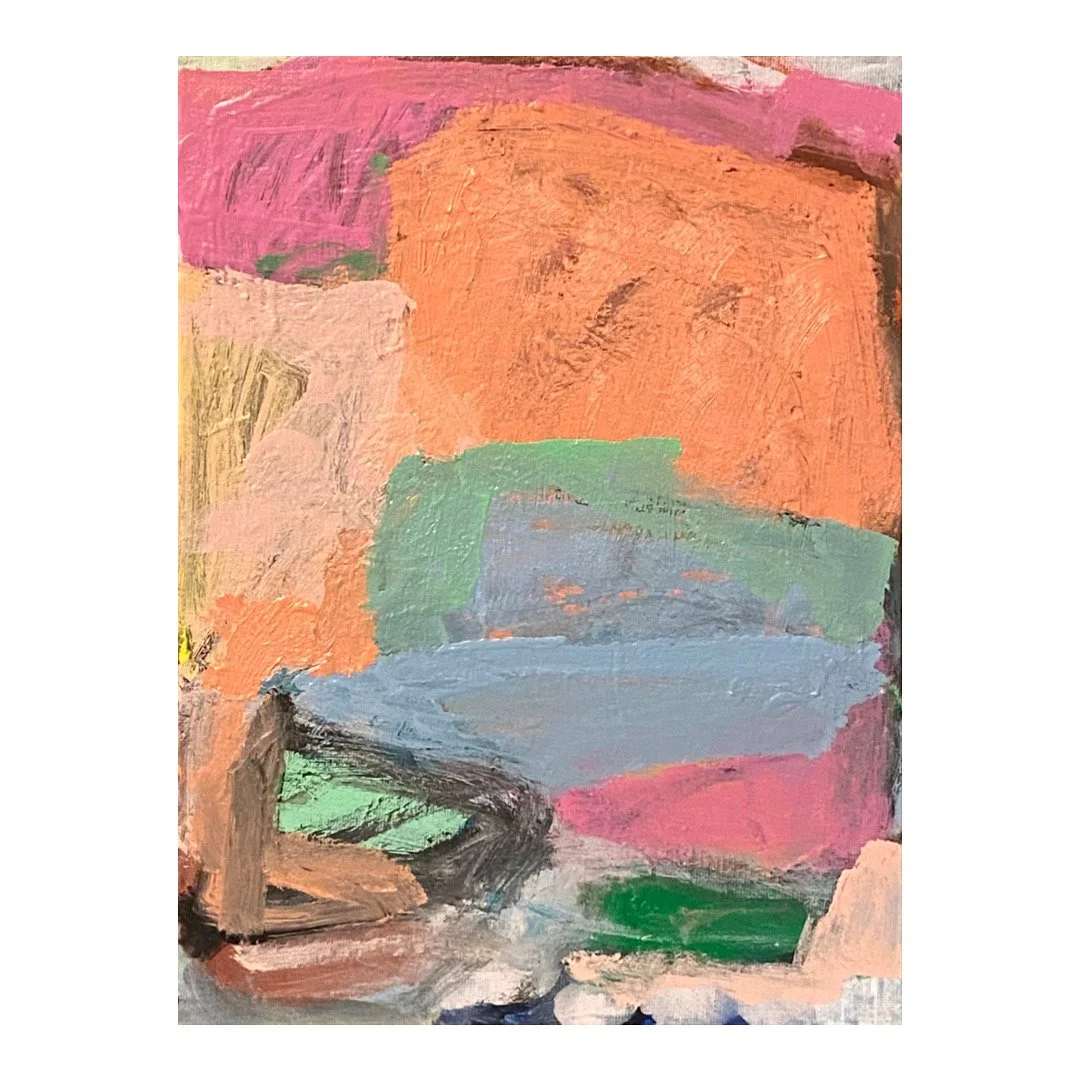  Rectangular-shaped vertically-oriented abstract painting on canvas panel with large painterly color fields of peachy orange tones across the upper surface and various triangular shapes of green and blue on the bottom surface, and layered overlapping
