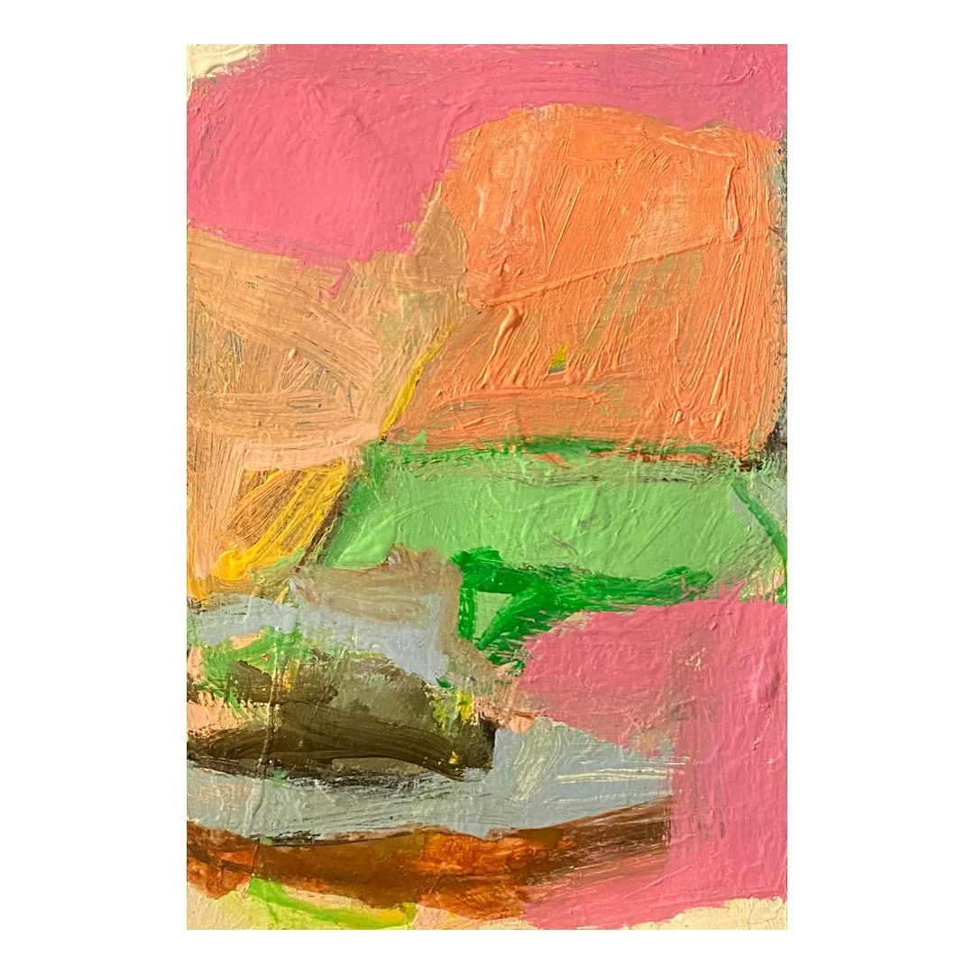  Rectangular-shaped vertically-oriented abstract painting on paper with large textured painterly color fields of peach, orange, and pink tones across the upper surface and bottom right corner, and various triangular shapes of blue and green on the bo