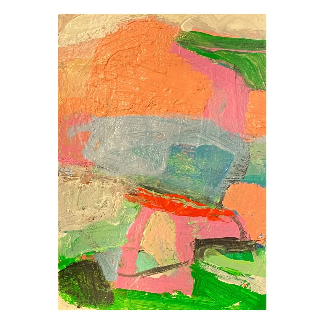  Rectangular-shaped vertically-oriented abstract painting on paper with large painterly mountain-shaped color field of peachy orange tones across the upper surface and a soft blue rectangular shape across the center with a bold stroke of bright red l