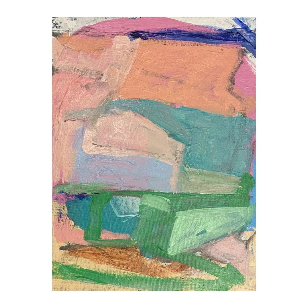  Rectangular-shaped vertically-oriented abstract painting on canvas panel with large painterly color fields of peachy orange tones across the upper surface and small streak of dark blue across the top edge, and various triangular shapes of blue and g