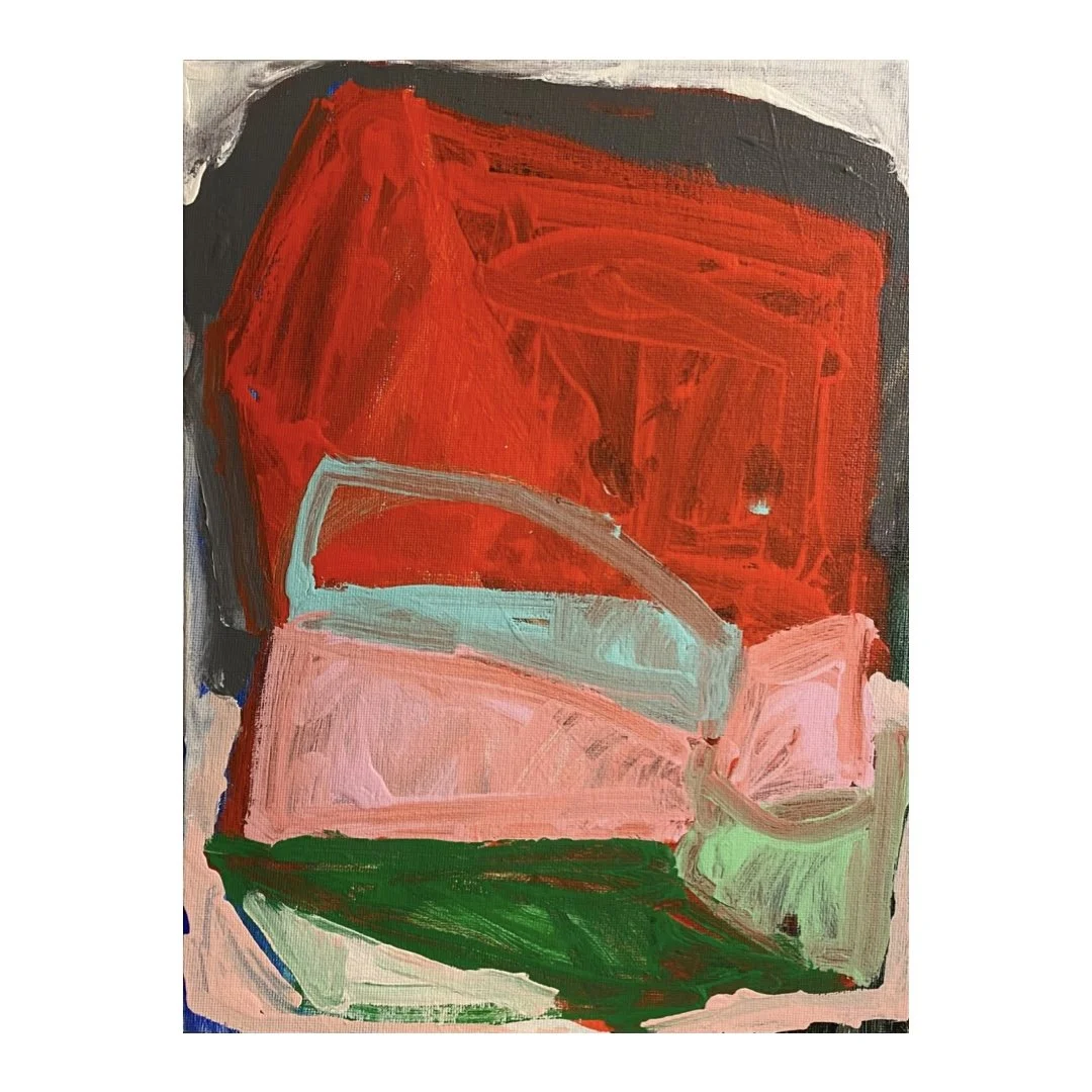  Rectangular-shaped vertically-oriented abstract painting on canvas panel with a large boulder-shaped painterly color field of red across the upper half of the surface set against a backdrop of charcoal gray stretching from edge to edge, and triangul