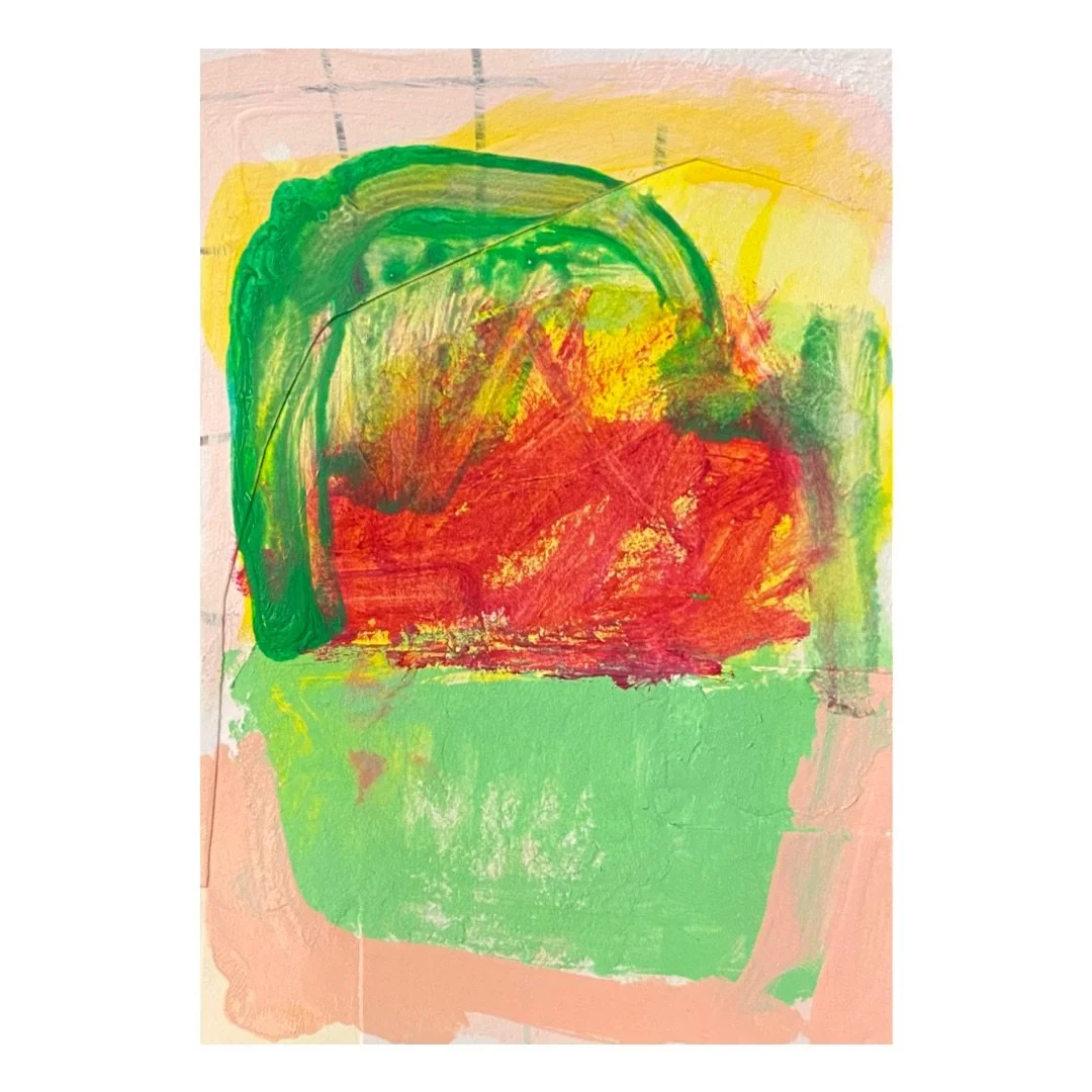  Rectangular-shaped vertically-oriented abstract painting on paper with a large painterly rectangular burnt sienna red-colored shape across the center. Above that is a bold arch-shaped brushstroke of bright kelly green, which is set against a backdro