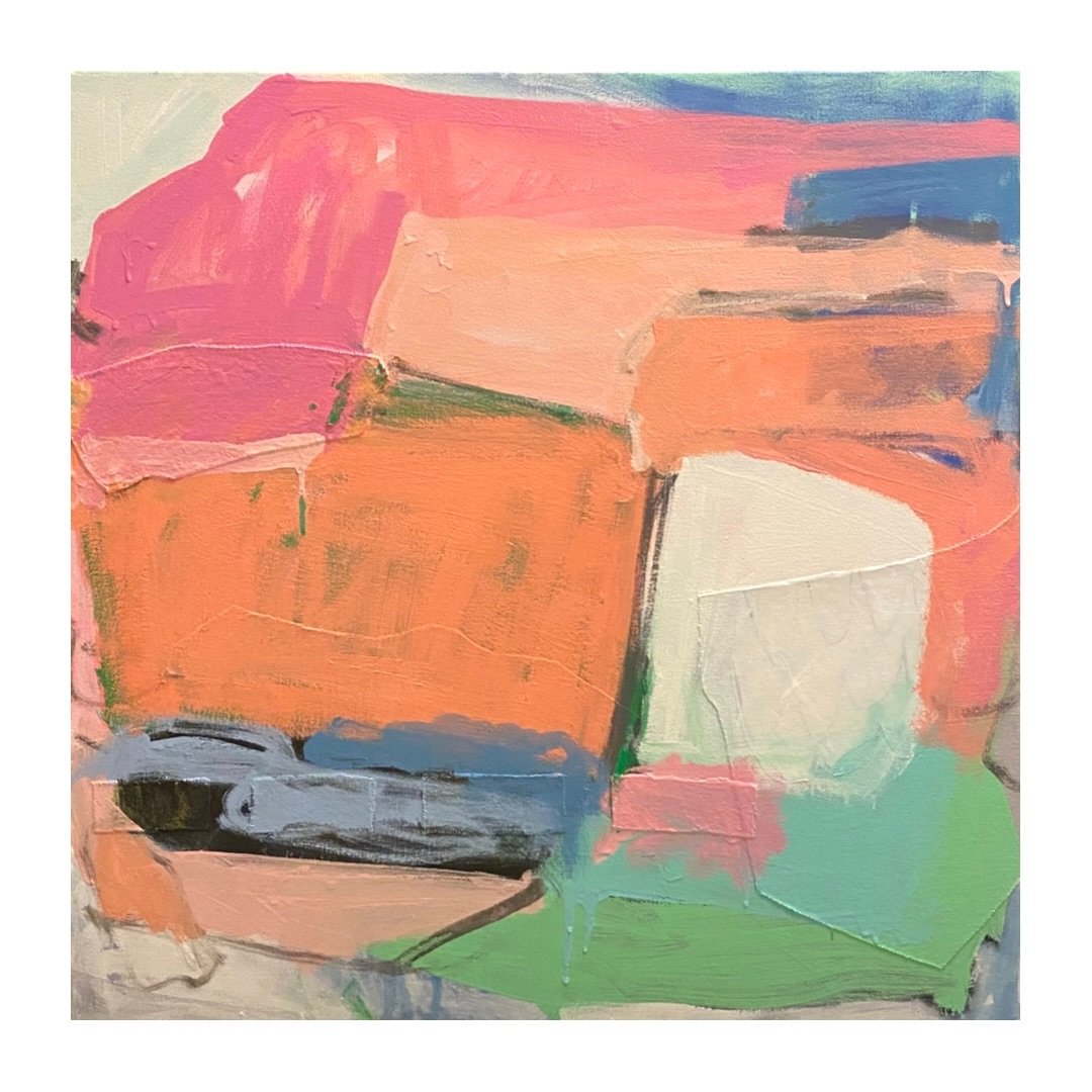 Square-shaped abstract painting on canvas with large painterly color fields of oranges and pinks across the surface and a white rectangular shape on the right center area over a blueish-purple collage-textured backdrop and a green swath of color on 