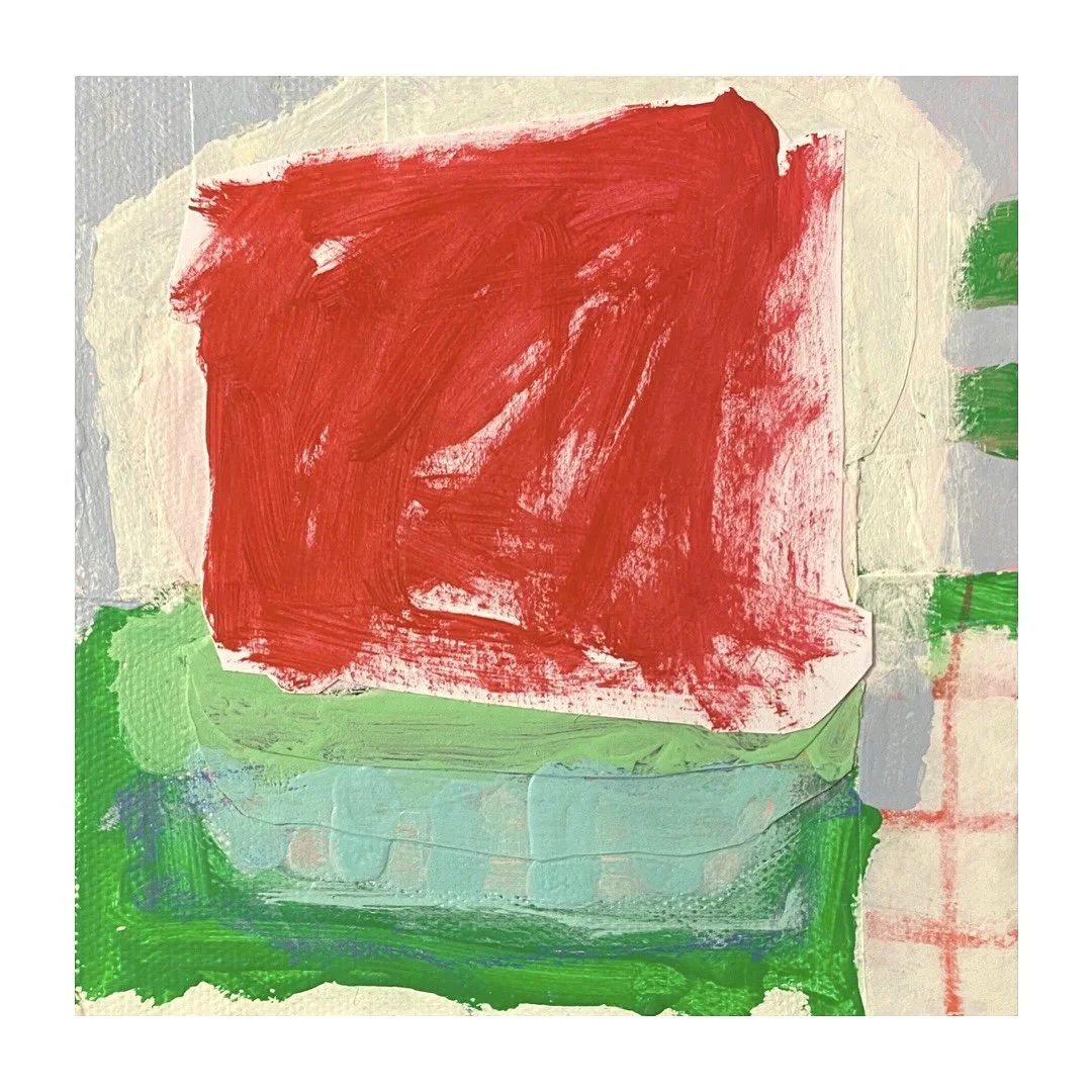  Square-shaped abstract painting on paperboard with a large painterly square red-colored shape across the center. Surrounding that is a border of white paint set against a backdrop of light blue in the background from edge-to-edge across the top half