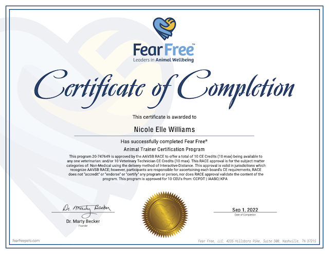 Elle certification from the Fear Free Pets