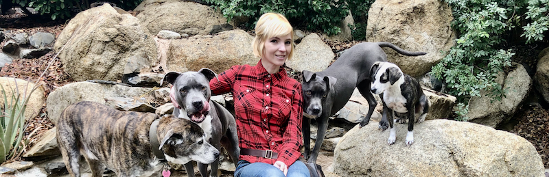 Woman with blonde hair in red plaid shirt sitting among five dogs in a rocky outdoor setting.