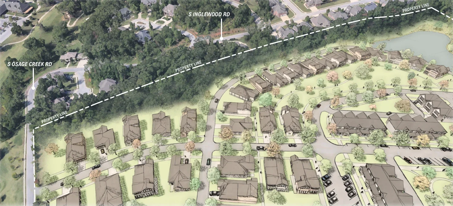 Aerial development rendering showing planned homes, roads, parking areas, and a pond near S. Osage Creek Road and S. Inglewood Road, outlined by a dashed property line.