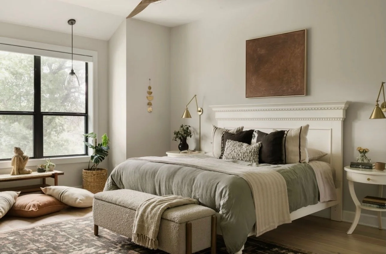 My first priority in a primary bedroom? Coziness. For me, my bedroom is an escape from the chaos of life. It&rsquo;s a place where I can snuggle with my cats and just breathe a bit easier. 

Photo by: @madelineharperphoto