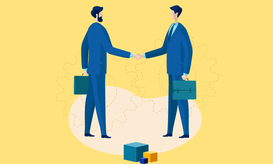 Two cartoon men dressed in blue business suits shaking hands whilst holding their briefcases, against a yellow background