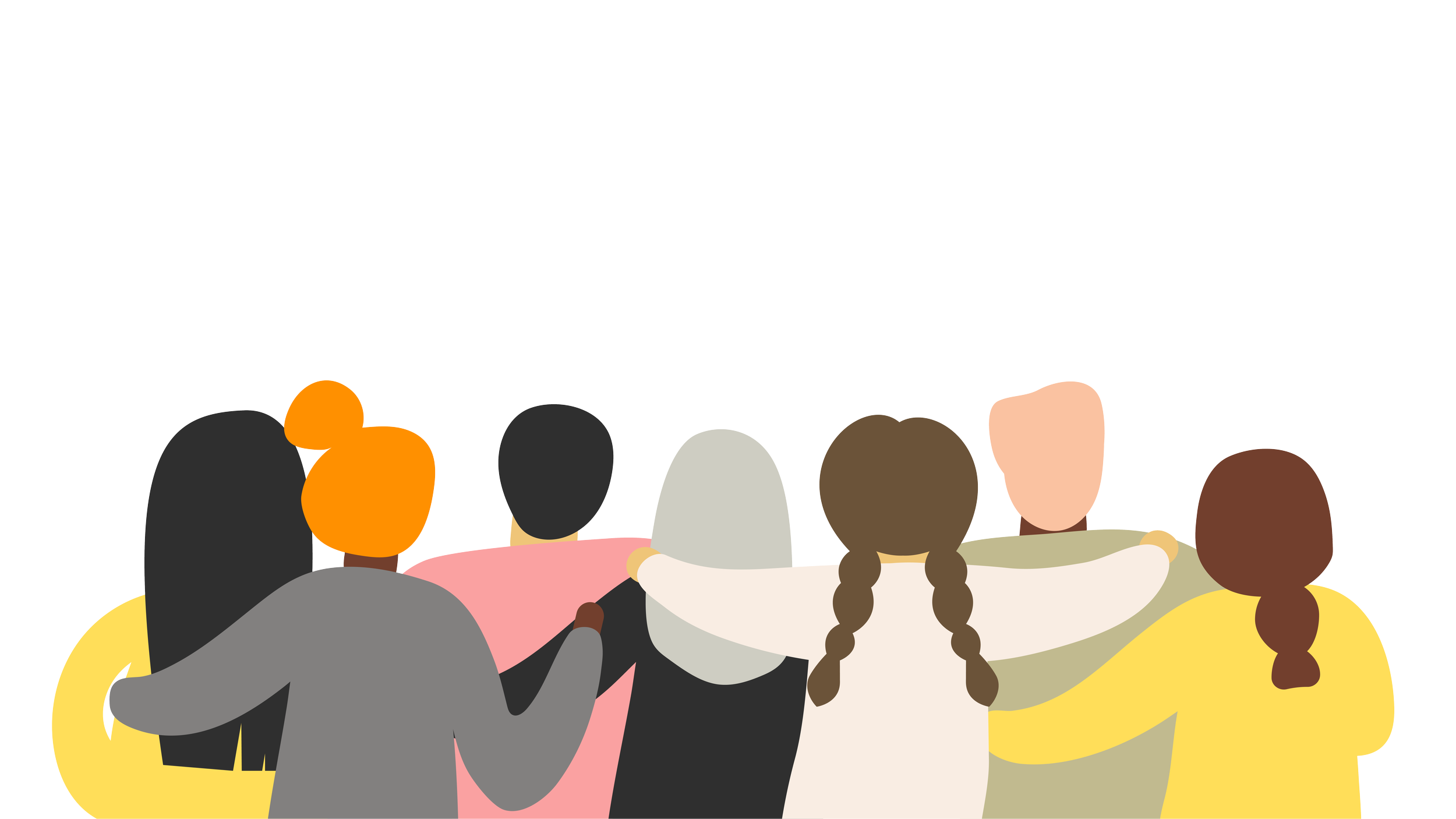 cartoon image of a group of people with their arms around each other, with their backs turned