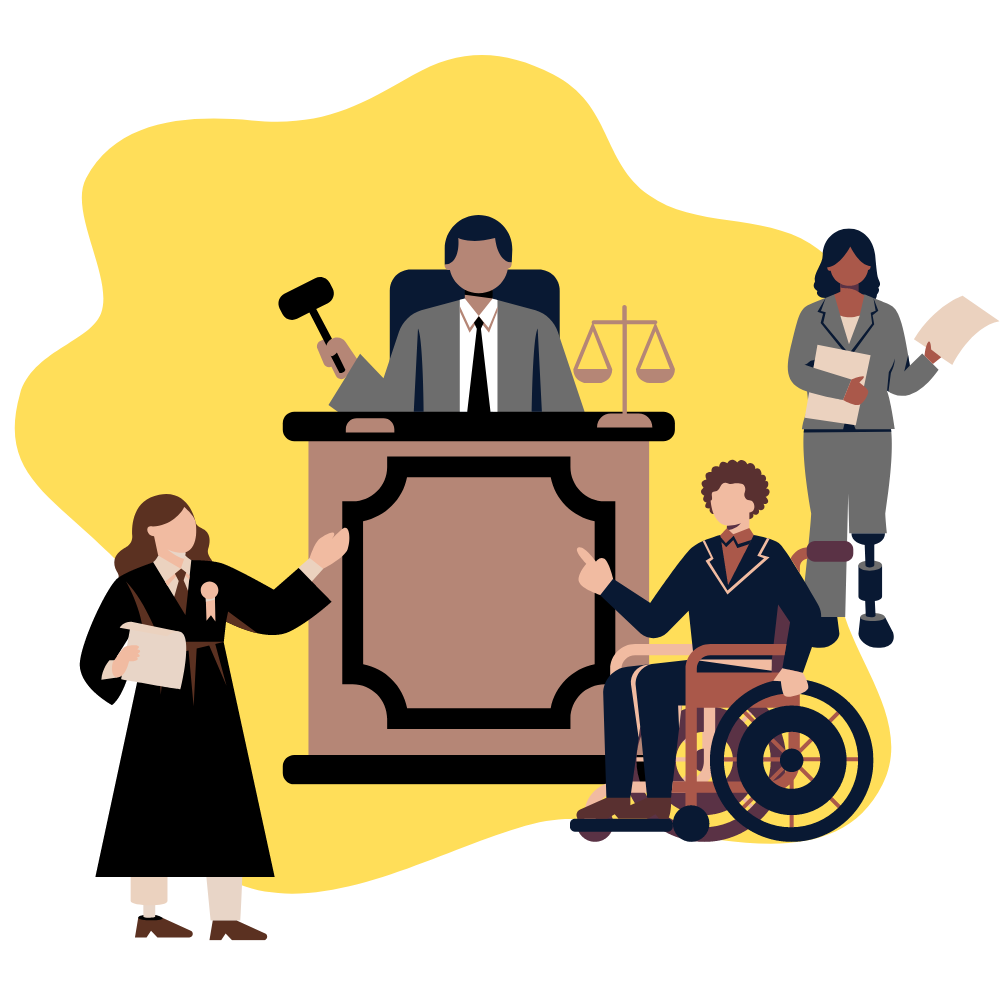 4 cartoon faceless people, a judge, a female in a black gown, a male in a wheelchair talking to the judge, and a woman with a prosthetic leg