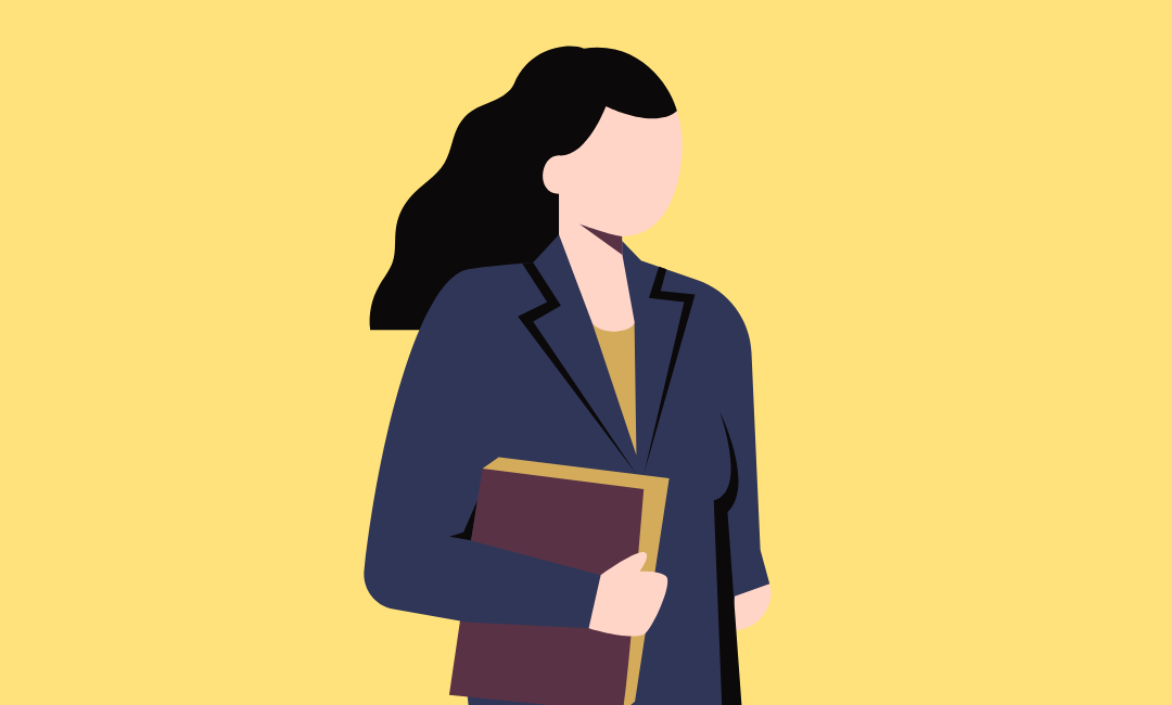 Animated woman holding a book and papers against a yellow background