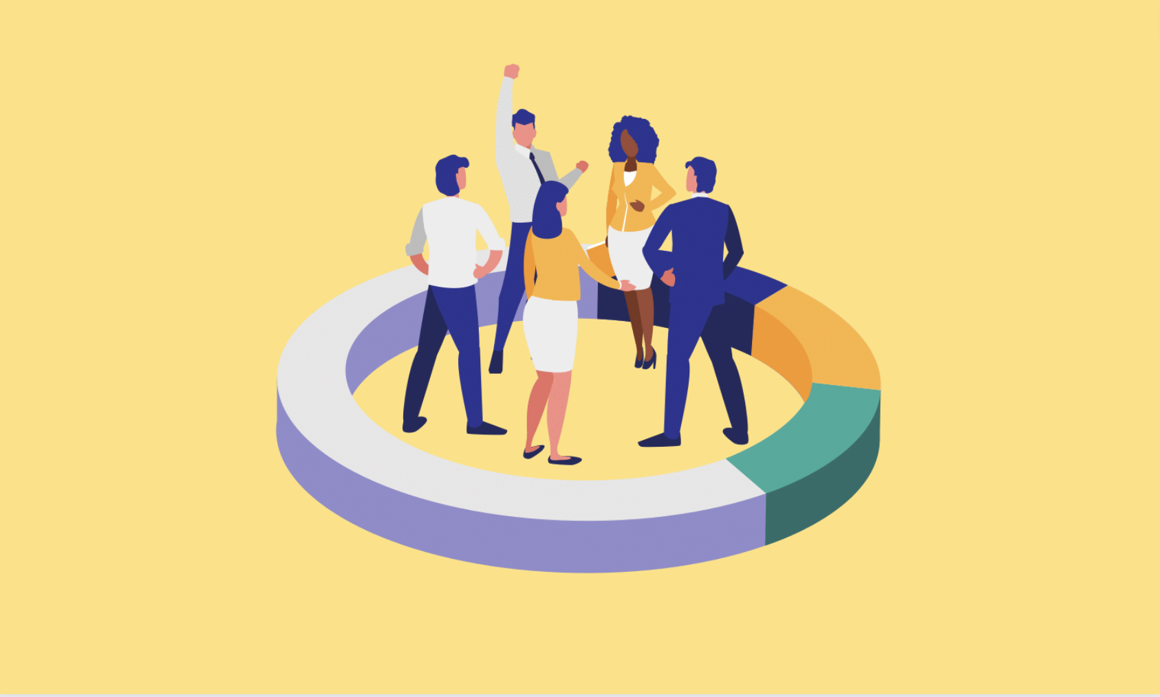 A group of cartoon people standing inside a circle which represents a pie graph, talking to one another wearing business attire.