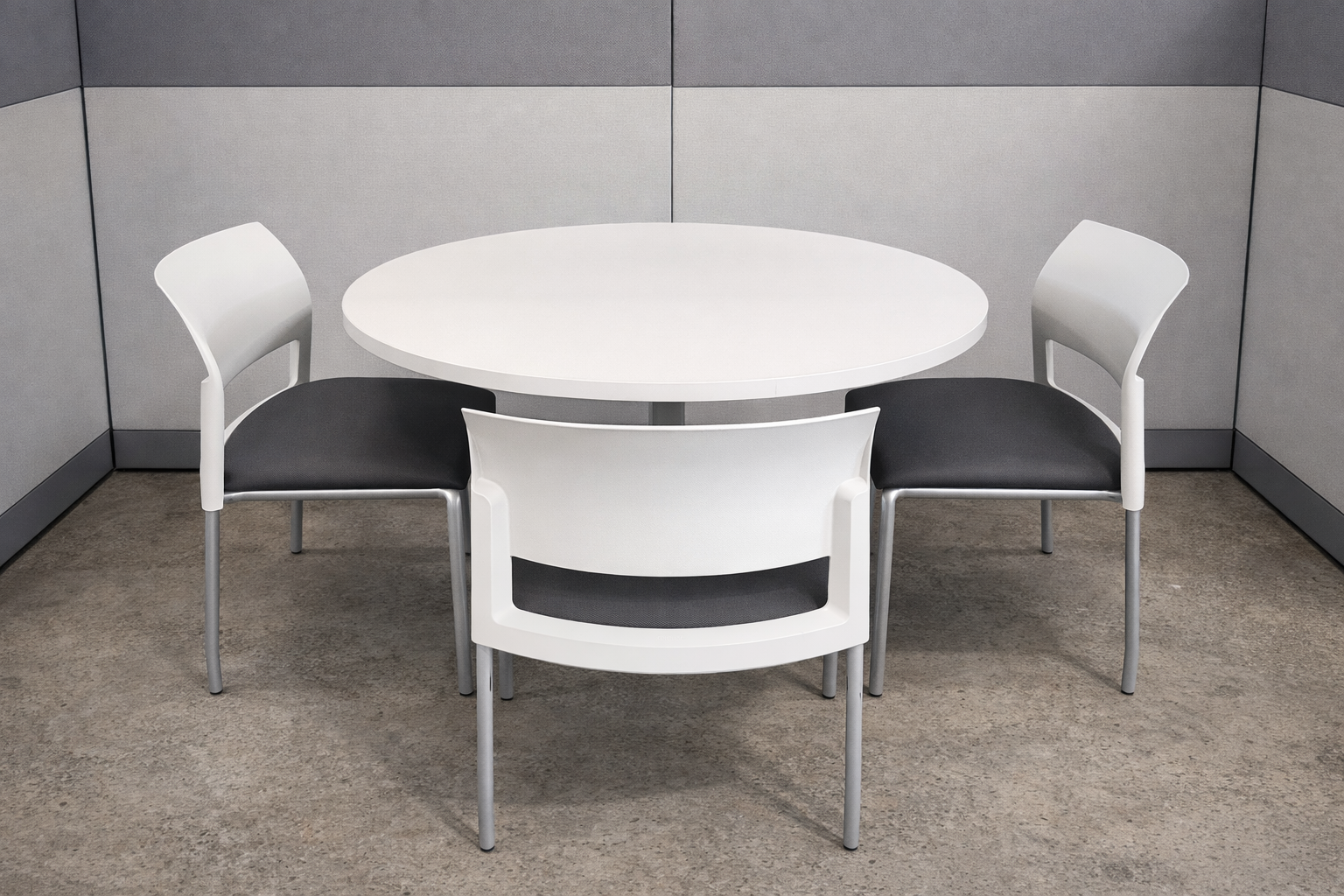 36” Round Break Room Table with Steelcase Move Chairs (Stackable)