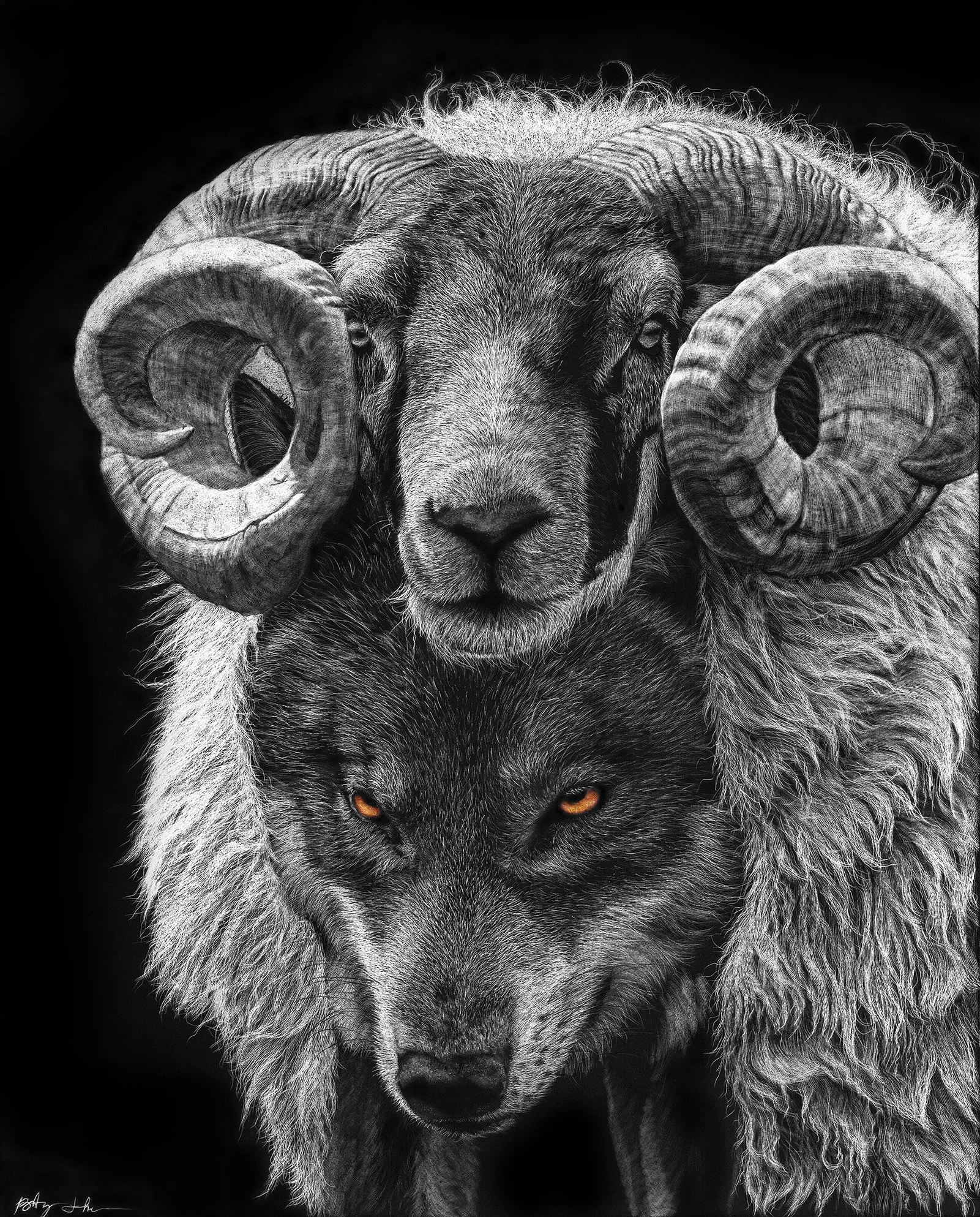 Brittany Johnson 
Malevolent Masquerader, scratchboard and ink