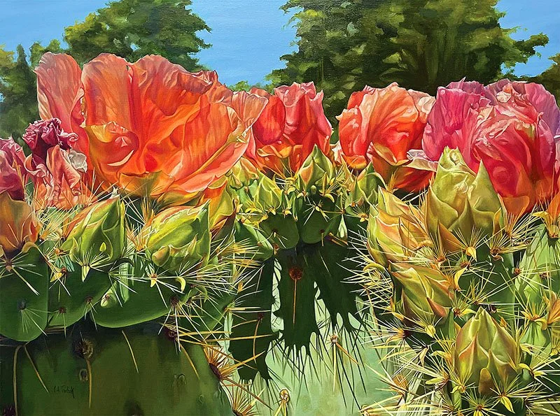 Oil painting by Cathryne Trachok titled 'The Virtues of Patience' depicting a soft-focus, horizontal view of peach and pink flowers with green leaves bathed in warm light.