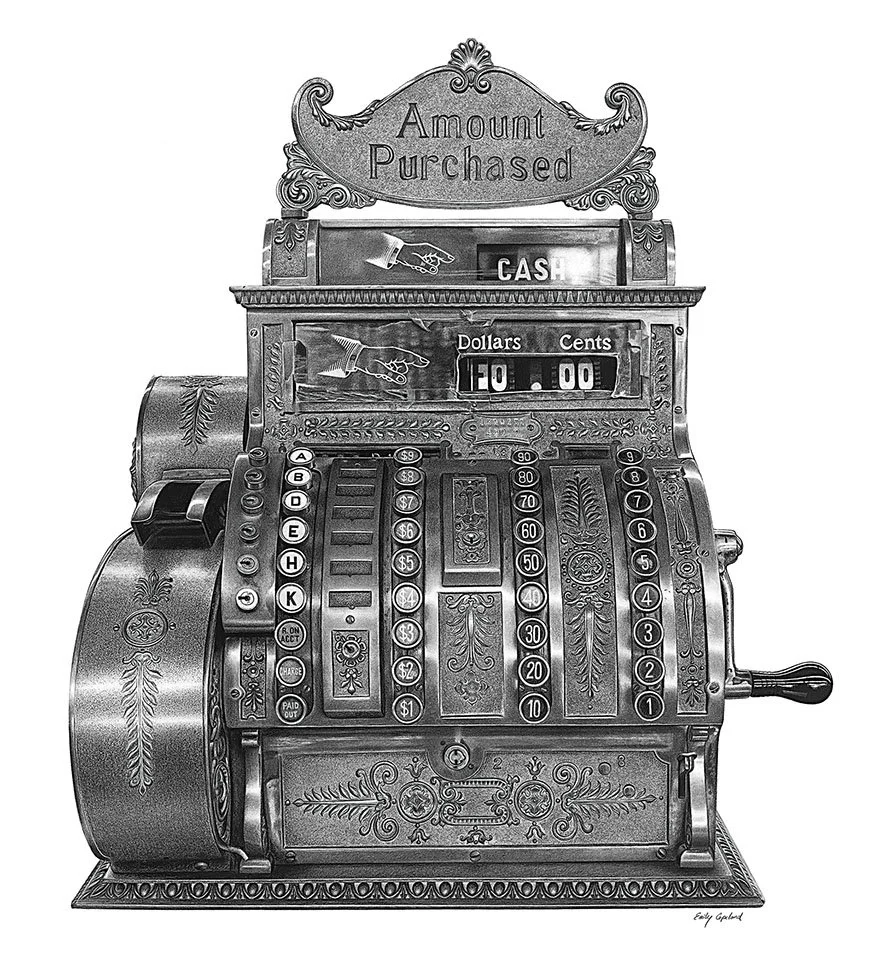 Emily Copeland, "Antique Cash Register" charcoal drawing, 3rd Place winner 2025 Still Life competition.