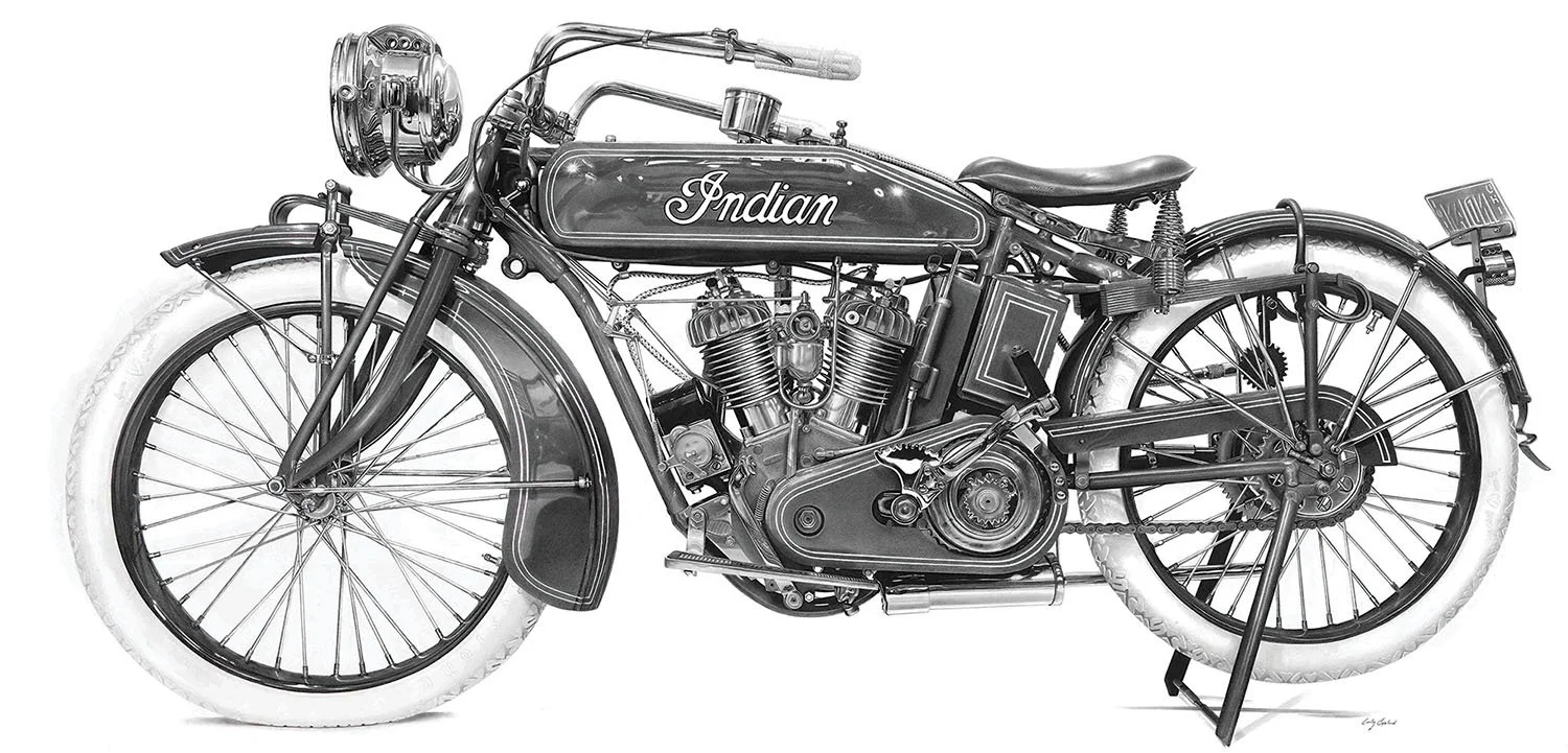 Large-scale realist charcoal drawing of a highly detailed vintage motorcycle on a white background by artist Emily Copeland