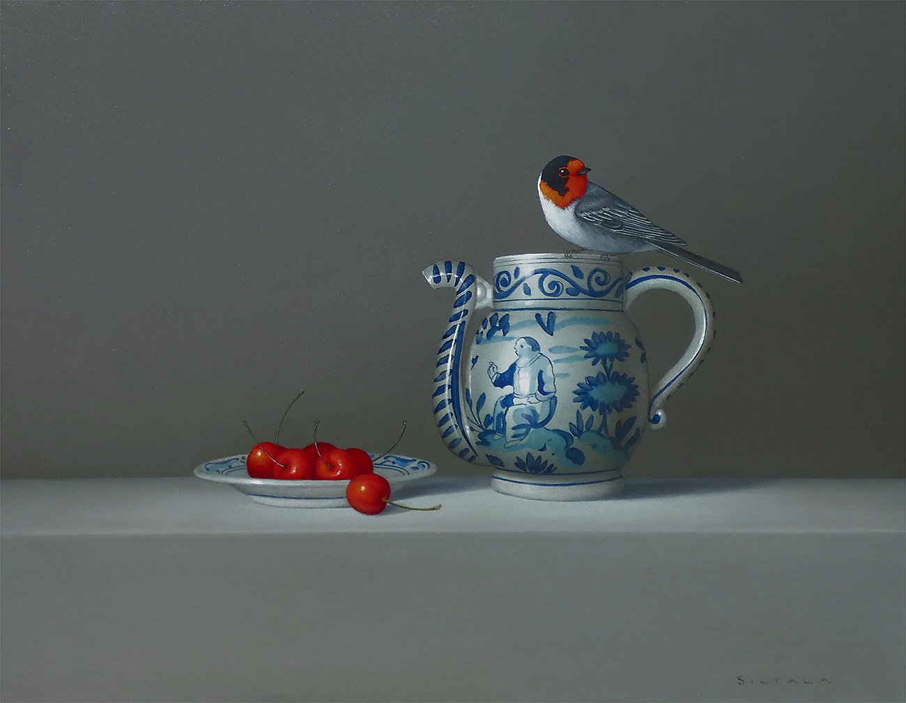 Realistic oil painting "Still Life with Red Faced Warbler" by Sarah Siltala: pitcher, cherries, and warbler bird.