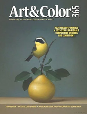 Cover of Art & Color magazine featuring a yellow bird perched on a branch with green leaves over a yellow pear, against a teal background.