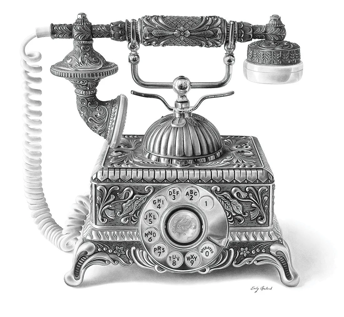Charcoal drawing of a vintage rotary telephone by Emily Copeland, 2025 Still Life competition winner.