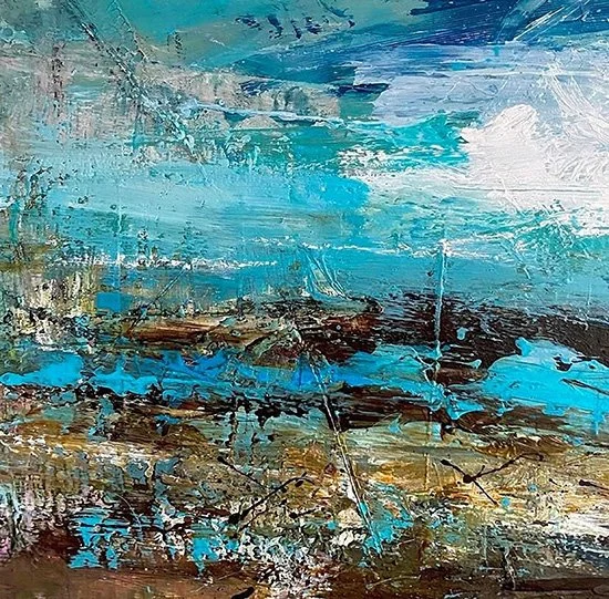 A textured, mixed media painting by U.K. artist Luisa Holden in vibrant hues of turquoise and tans.