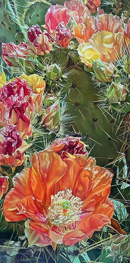 Colorful painting of orange, red, and yellow cacti blooms by Cathryn Trachok