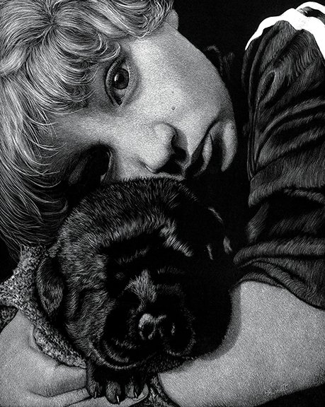 Lorna Hannett, "Puppy Love," scratchboard