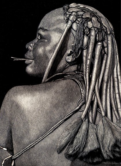 Patrick Hedges, "Himba Maiden," scratchboard