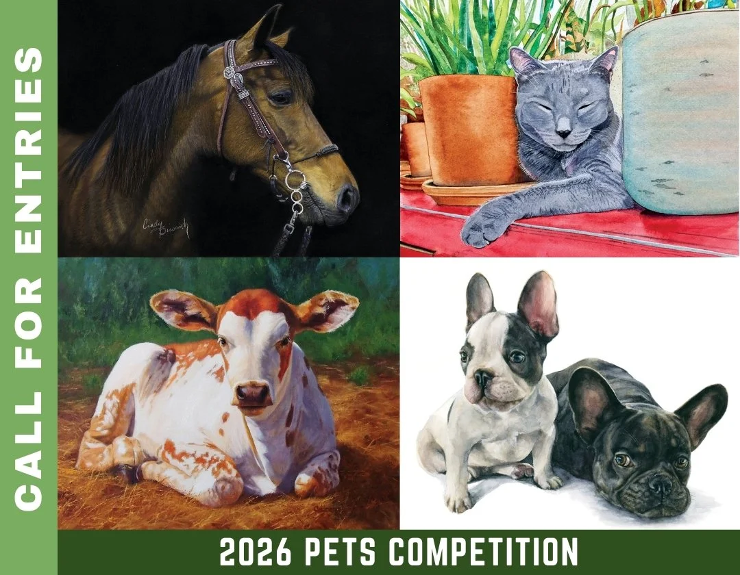 Call for Entries invitation for Art and Color 365 Magazine's 2026 Pet Competition with paintings of a horse, cow, cat, and dogs