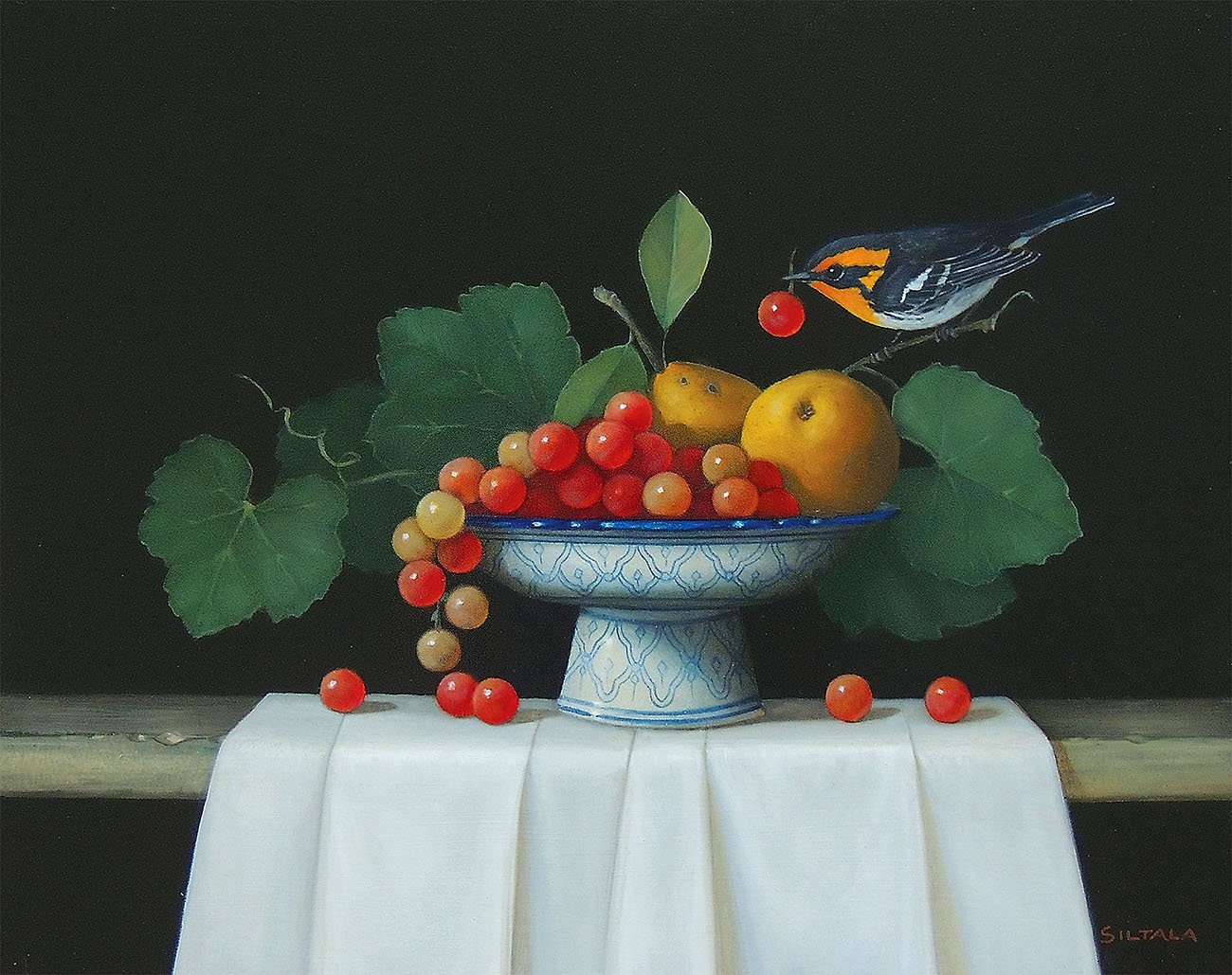 Realist oil painting "Abundance" by Sarah Siltala featuring a floral vase, ripe fruit, and a small warbler.
