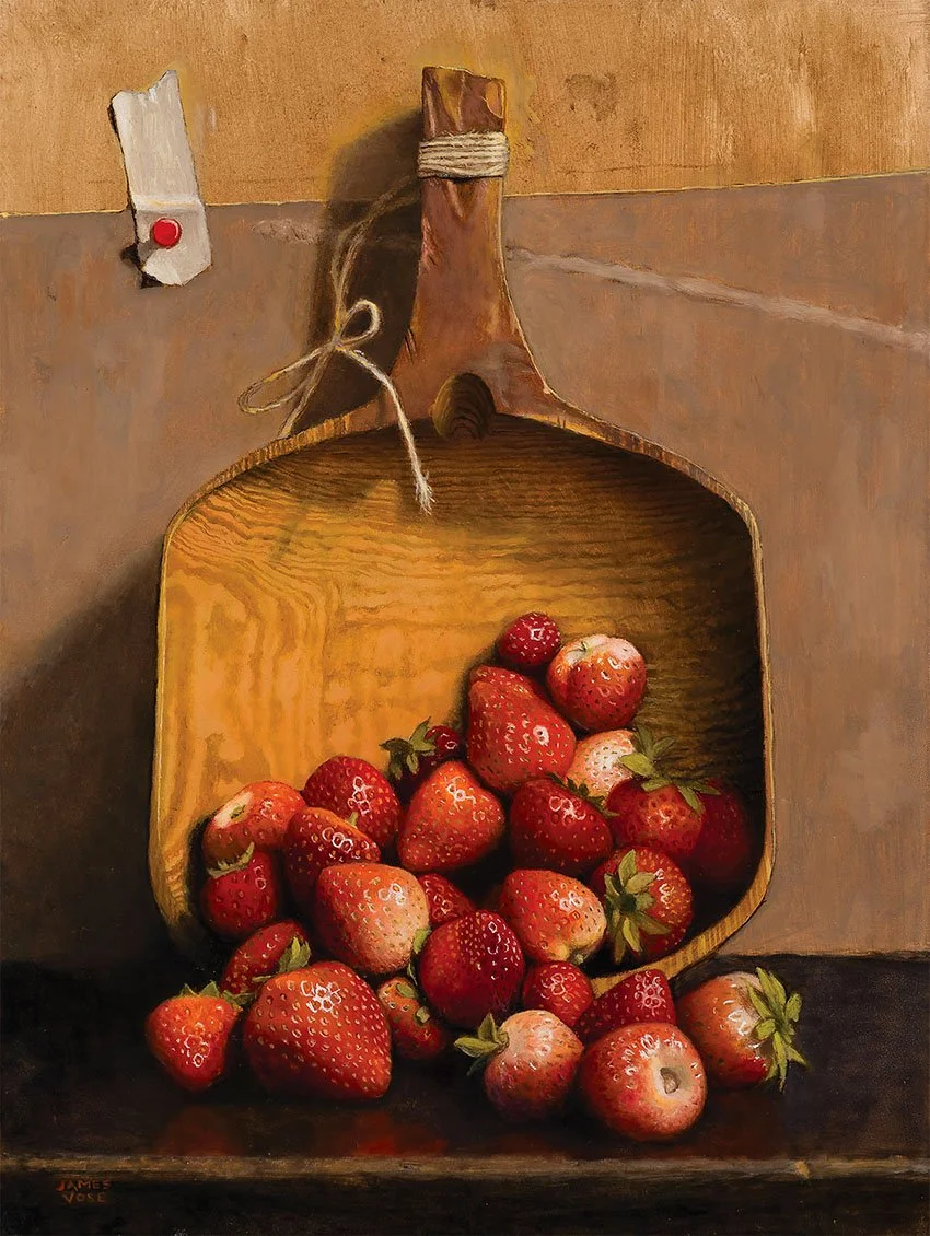 Oil painting by James Vose titled 'The Strawberry Shovel' depicting a small metal shovel or scoop holding a single ripe red strawberry, resting on a rustic wooden surface against a dark, moody background.