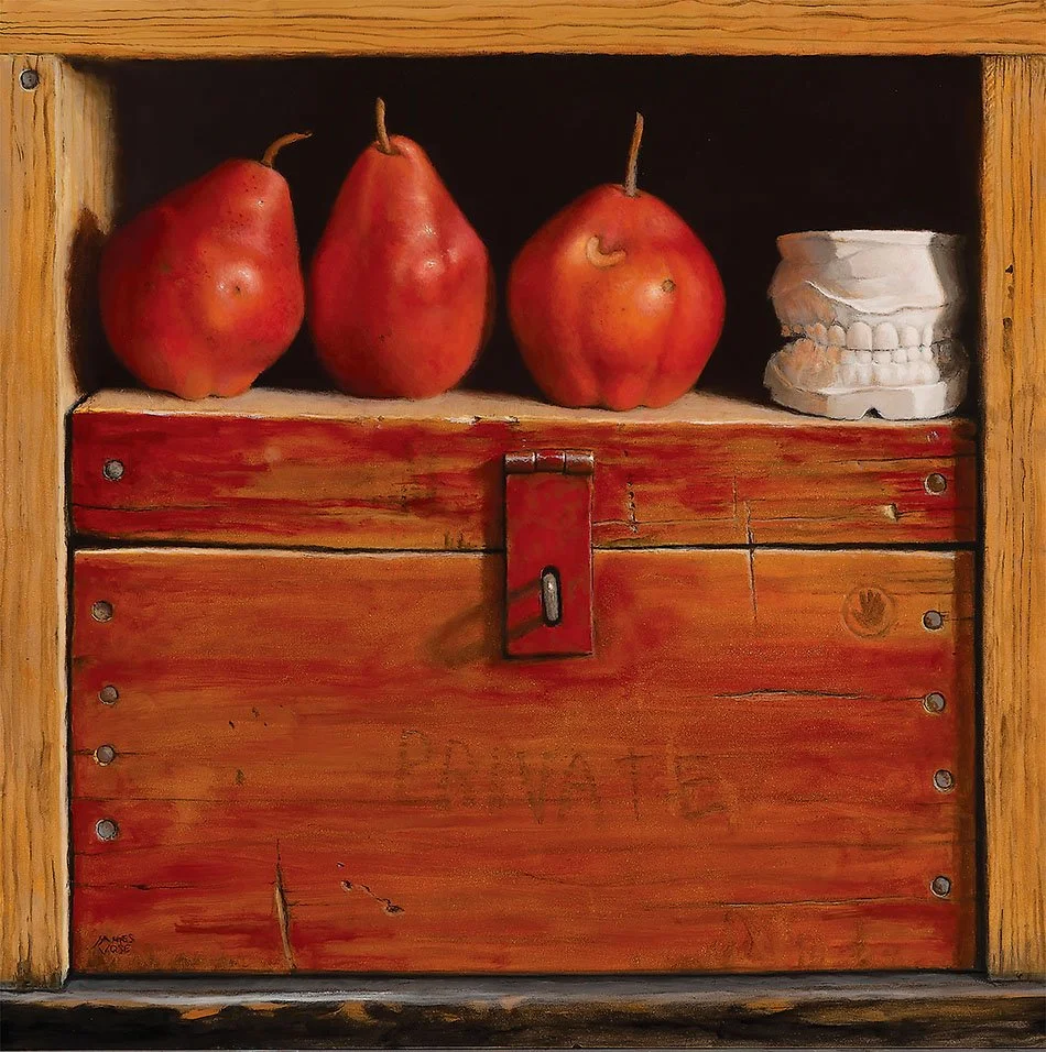 Oil painting of red pears on a old wooden box by James Vose, still life artist