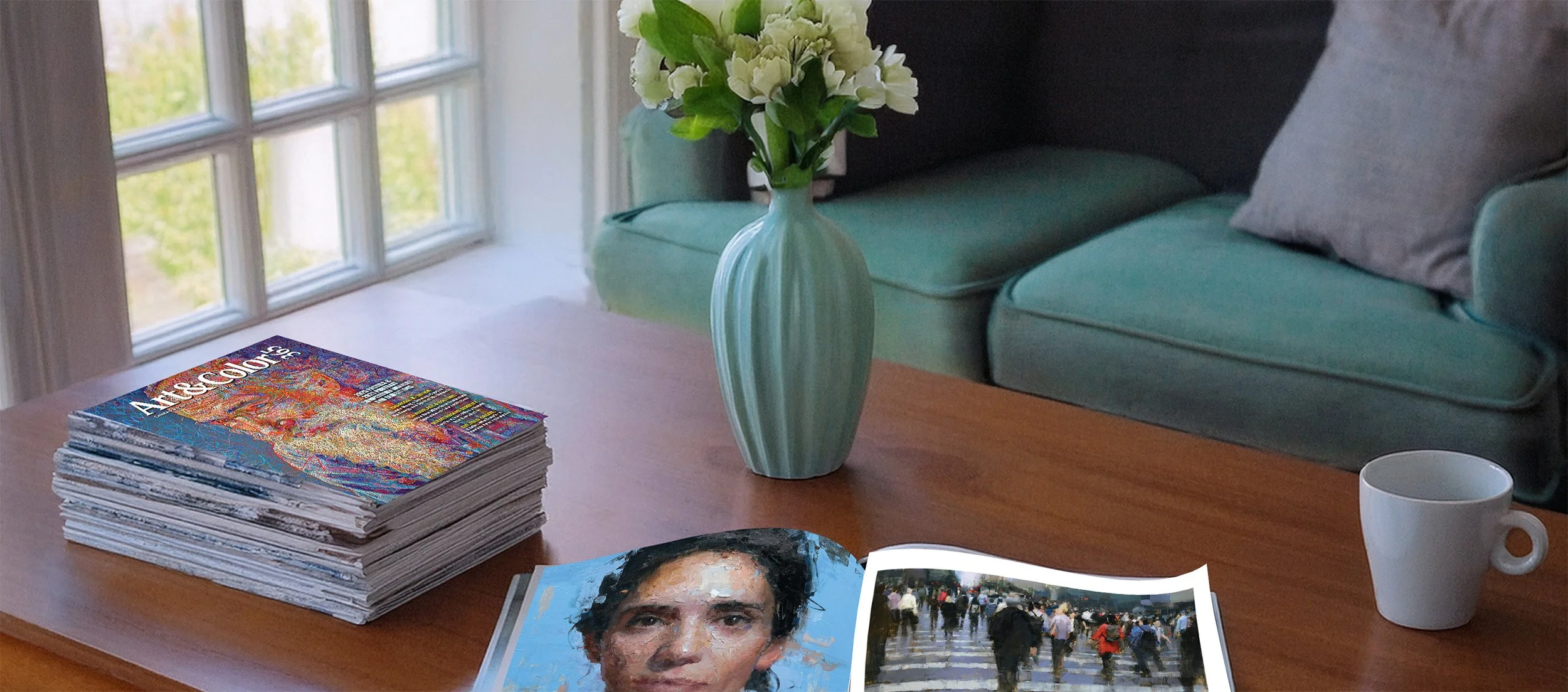 Interior of a living room with a vase and cup on a table with copies of magazine on it