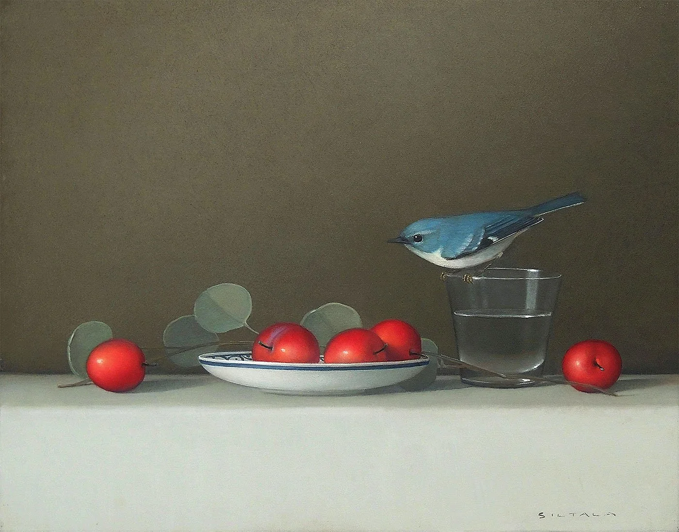 Realist oil "Still Life with Plums" by Sarah Siltala: blue bird, plums, and a green vase on a light surface.