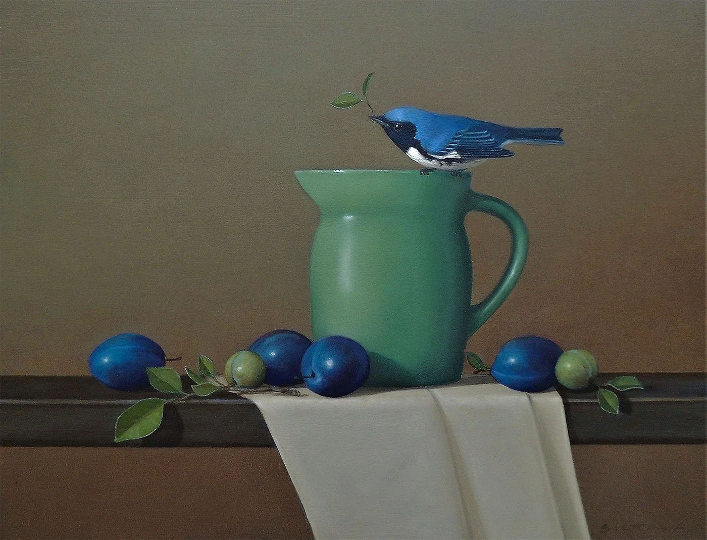Realist oil painting "Pitcher and Plums" by Sarah Siltala: blue bird, plums, and a green vase on a light surface.