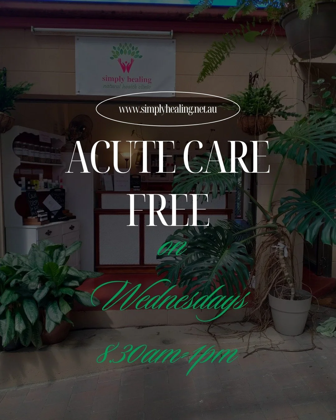 This happens every Wed! Community is important to me, so I am flinging the doors to Simply Healing, natural health clinic and dispensary, wide open to offer free acute care over the counter. At the moment it will just be Wednesday 8.30am &ndash; 1pm 