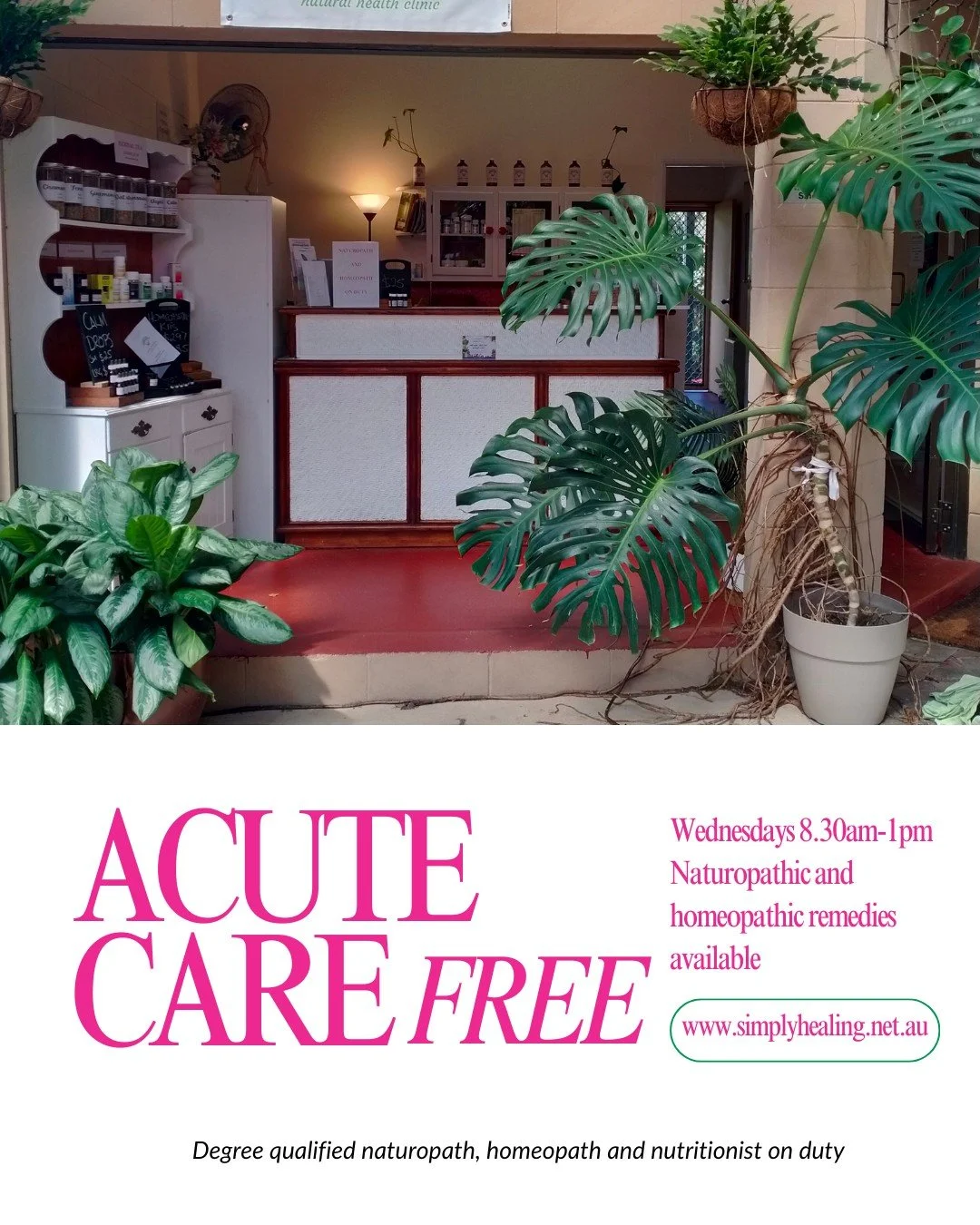 This happens every Wed! Community is important to me, so I am flinging the doors to Simply Healing, natural health clinic and dispensary, wide open to offer free acute care over the counter. At the moment it will just be Wednesday 8.30am &ndash; 1pm 