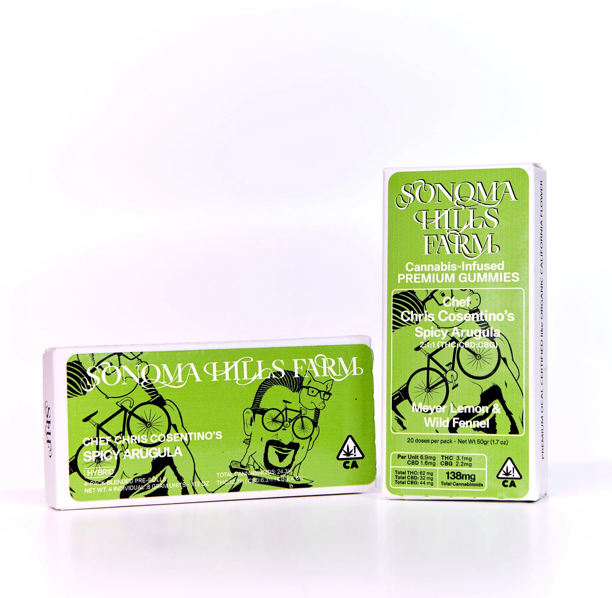 Two boxes of Spicy Arugula cannabis blend, one is a box of edibles and one is a box of prerolls