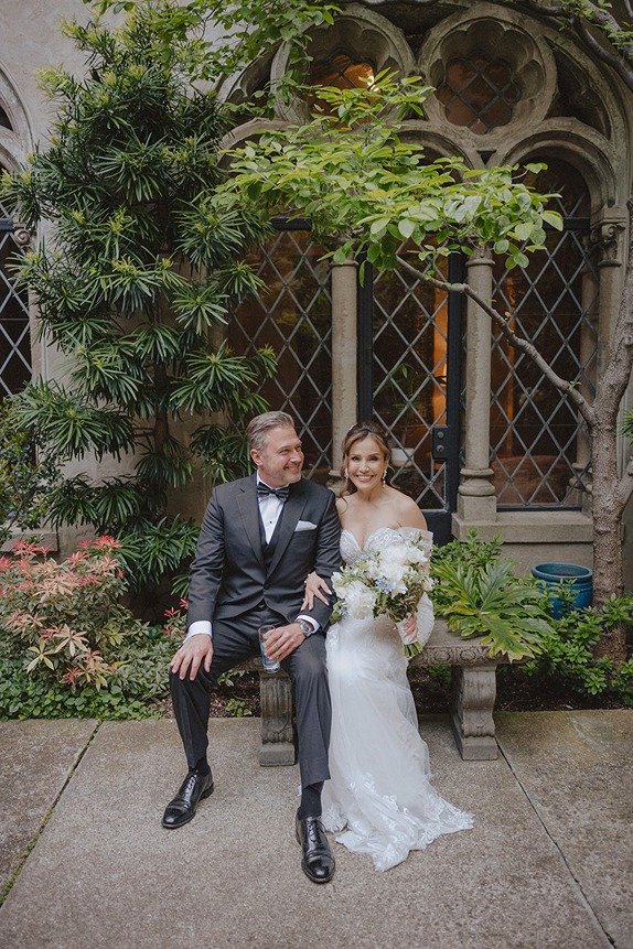 the bride and groom at their historic wedding venue in california