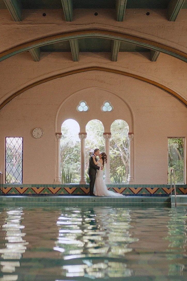 the bride and groom at a historic wedding venue in california