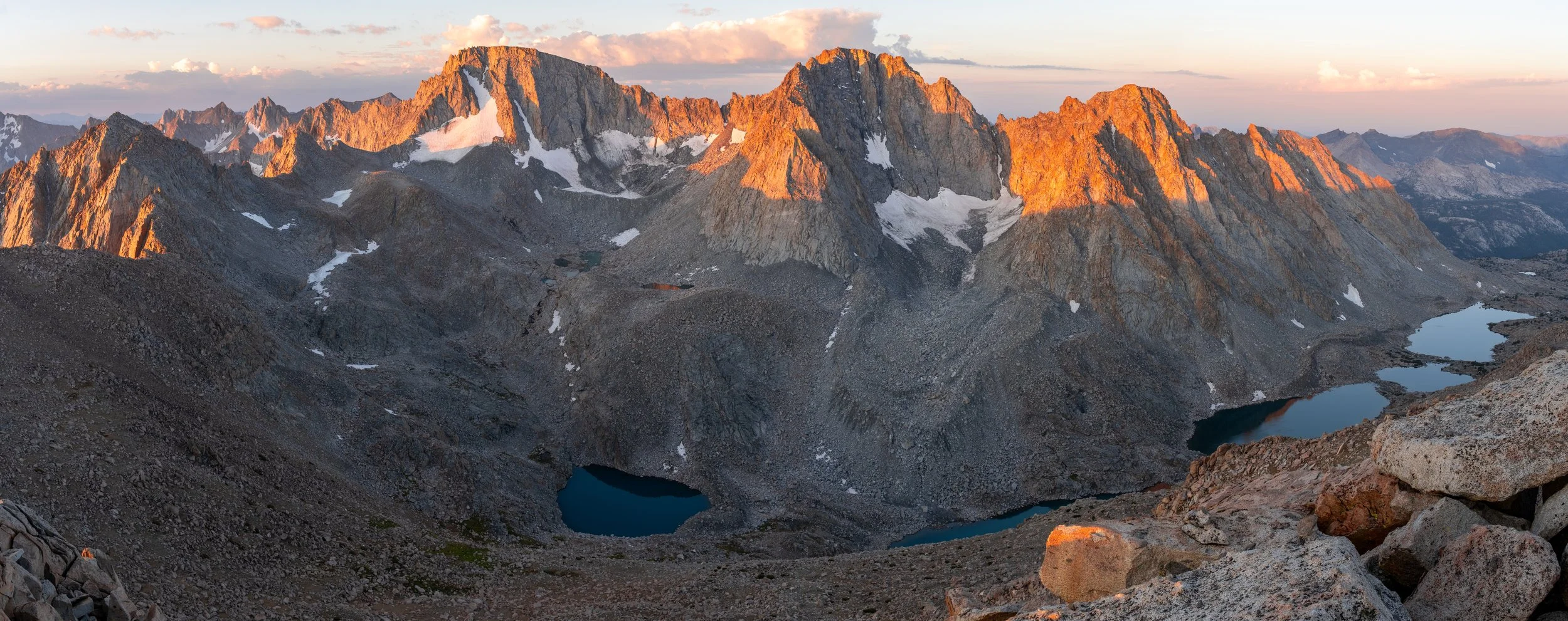 Sunrise hitting the peaks of the Evolution range in the Sierra Nevada.