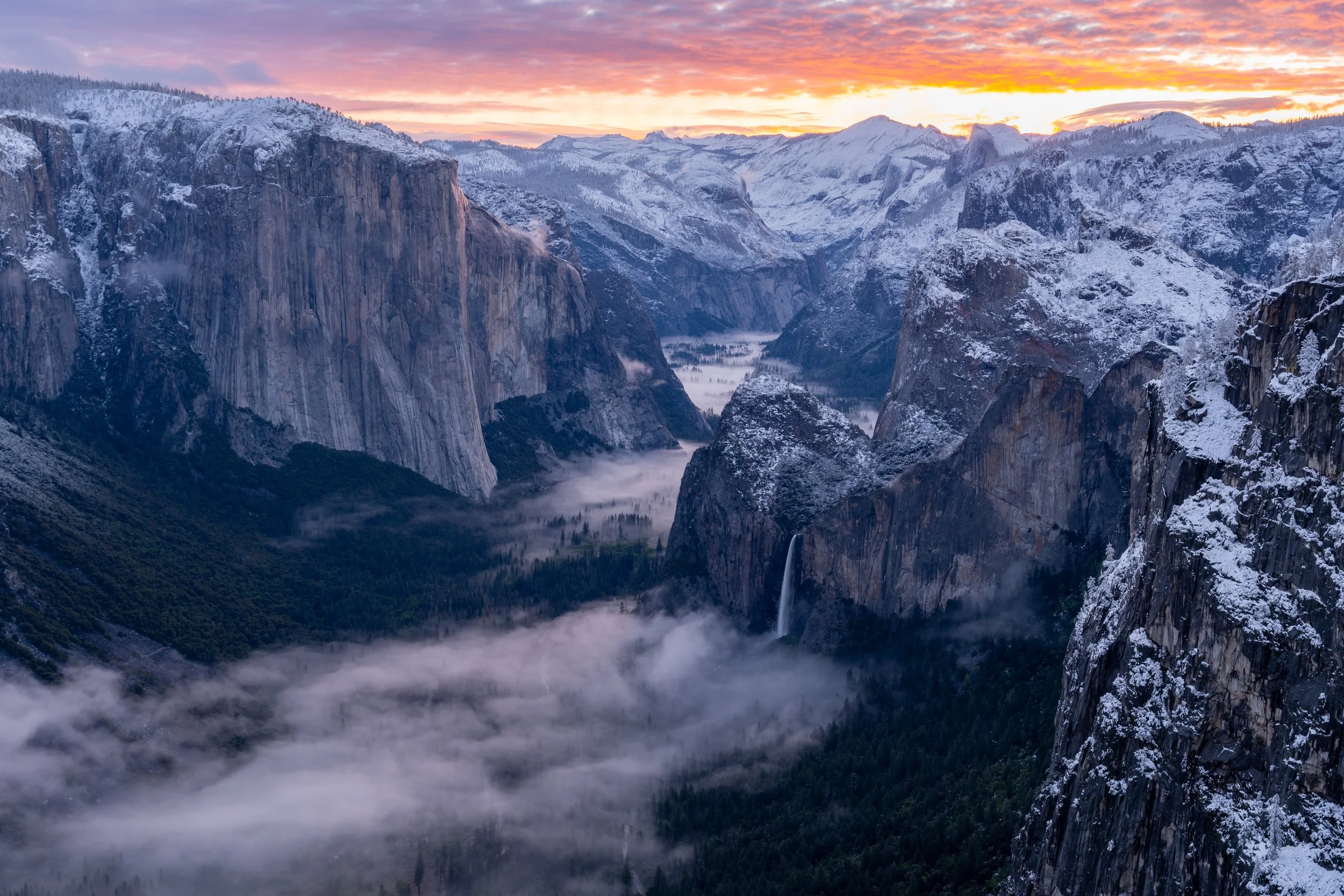 Yosemite valley at sunrise after a winter storm.