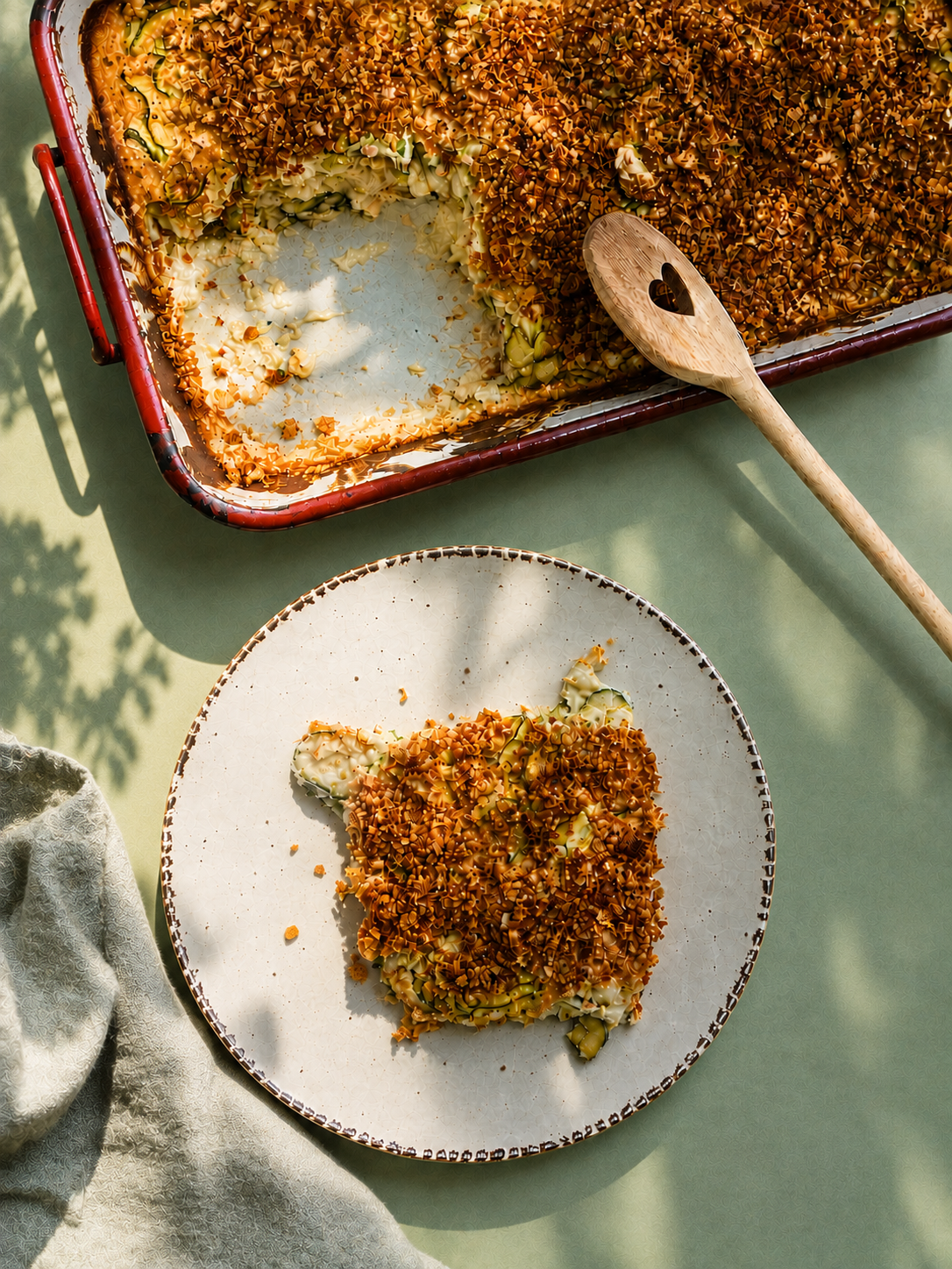zucchini-gratin mit zitronen-tofu-creme &amp; knusperkruste und von der zärtlichkeit, einen körper zu haben