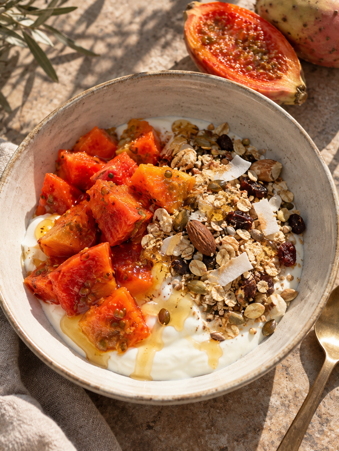 koralle · gelb · orange. kefir · honig · müsli · kaktusfeige