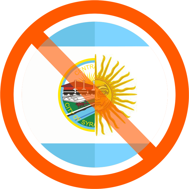 Original Syracuse city flag obscured by the universal no symbol